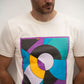 cotton  t shirt in natural color with colorful geometric print in acqua green, blue, black, purple and yellow