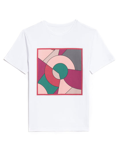 white cotton t-shirt with square print in geometric shapes in green , rosa, red and fushia