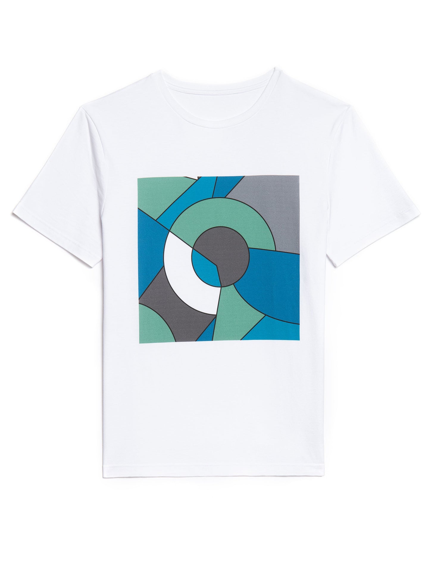white cotton t-shirt with square print in geometric shapes of green, blue and grey