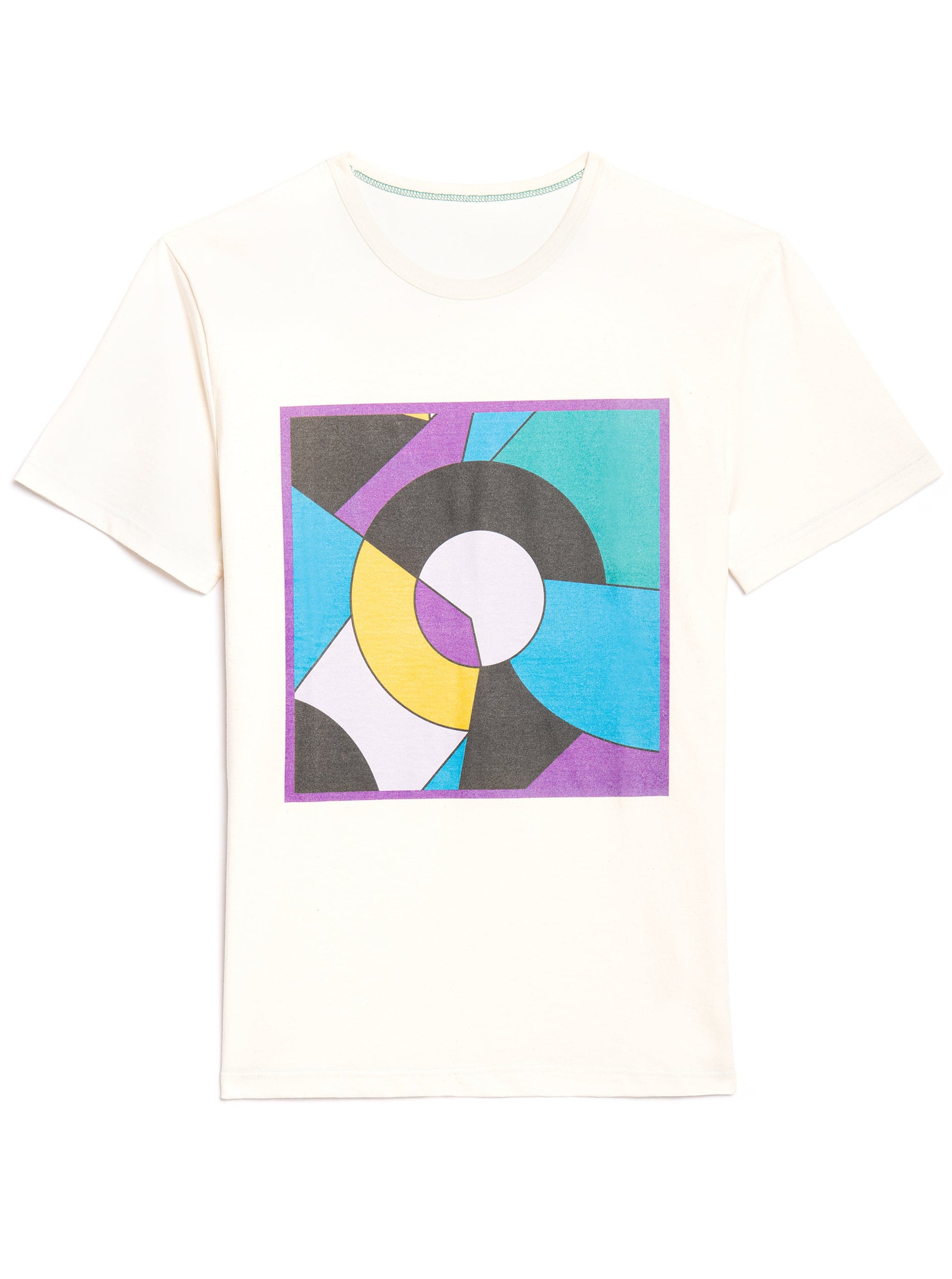 cotton t shirt in natural color with geometric print in acqua green, blue, black , purple and yellow