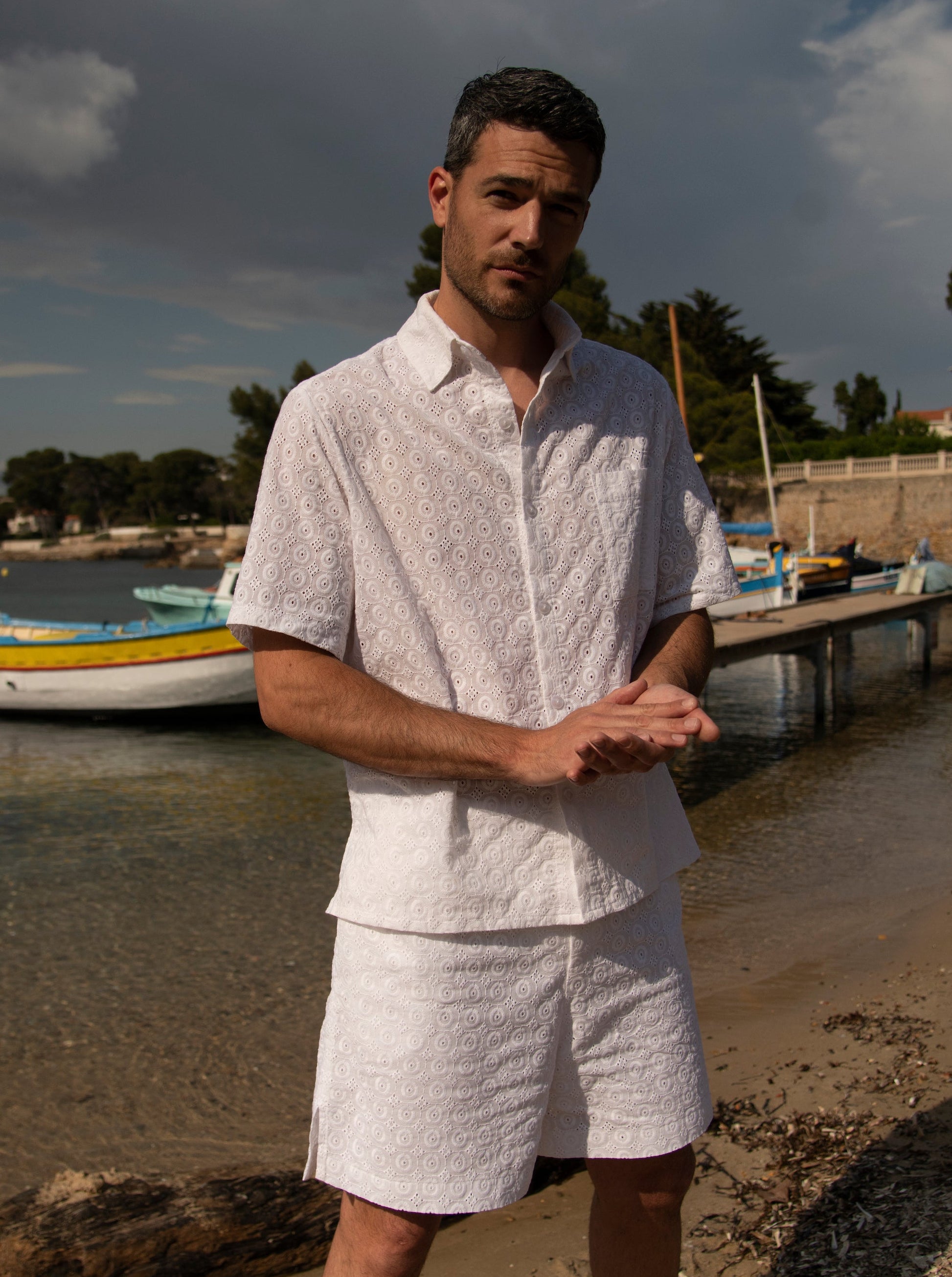 embroided white cotton short sleeves shirt and shorts