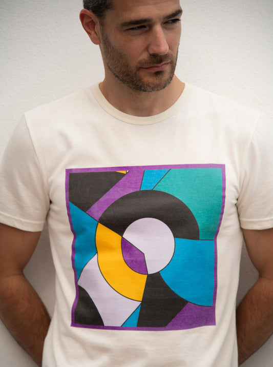 cotton  t shirt in natural color with colorful geometric print in acqua green, blue, black, purple and yellow