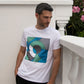 white cotton t-shirt with square print in geometric shapes of green, blue and grey