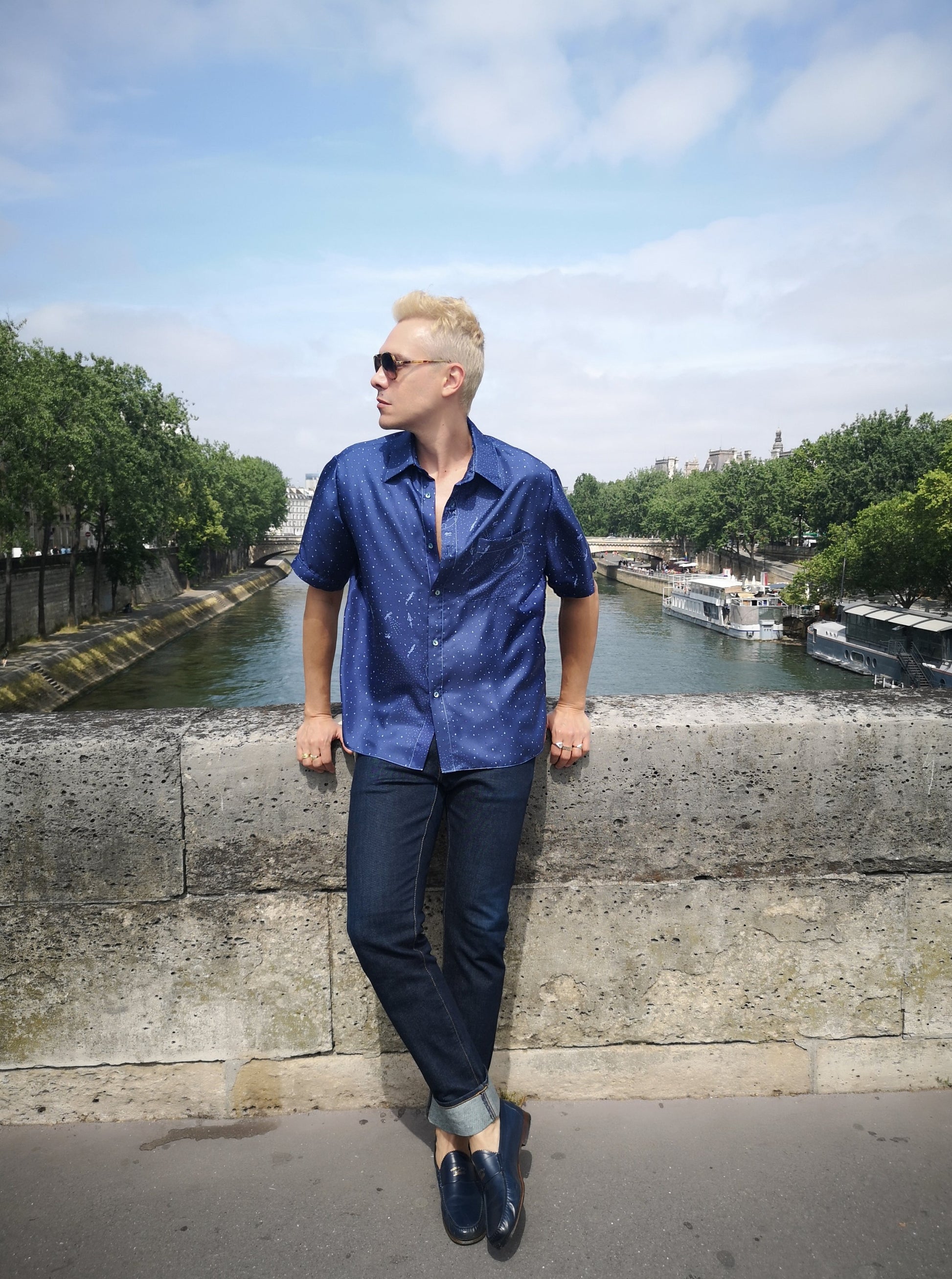 pure silk shirt made in France blue color